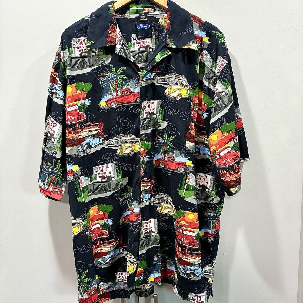 Vintage AOP Route 66 40s Ford Trucks Cars Hawaiian Camp Shirt David Carey 3XL
